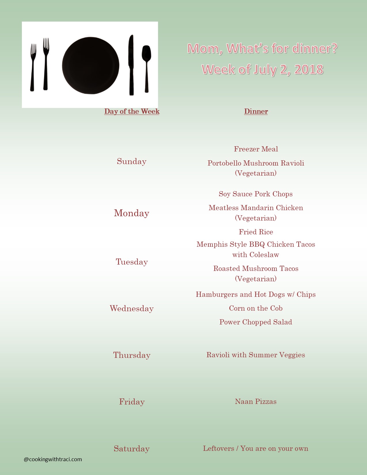 Menu Plan Monday - July 1